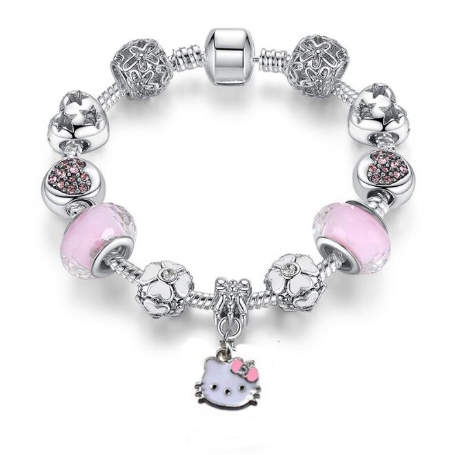 925 Silver Kitty Cat Charm Bracelet Fit Original Bracelet Bangle Murano Glass Beads Bracelet for Women Girls Kids DIY Jewelry