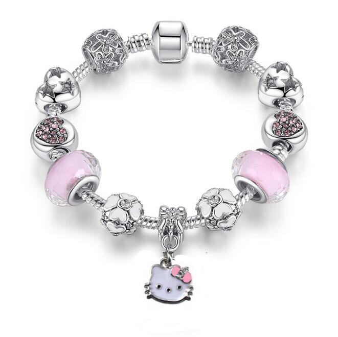 925 Silver Kitty Cat Charm Bracelet Fit Original Bracelet Bangle Murano Glass Beads Bracelet for Women Girls Kids DIY Jewelry