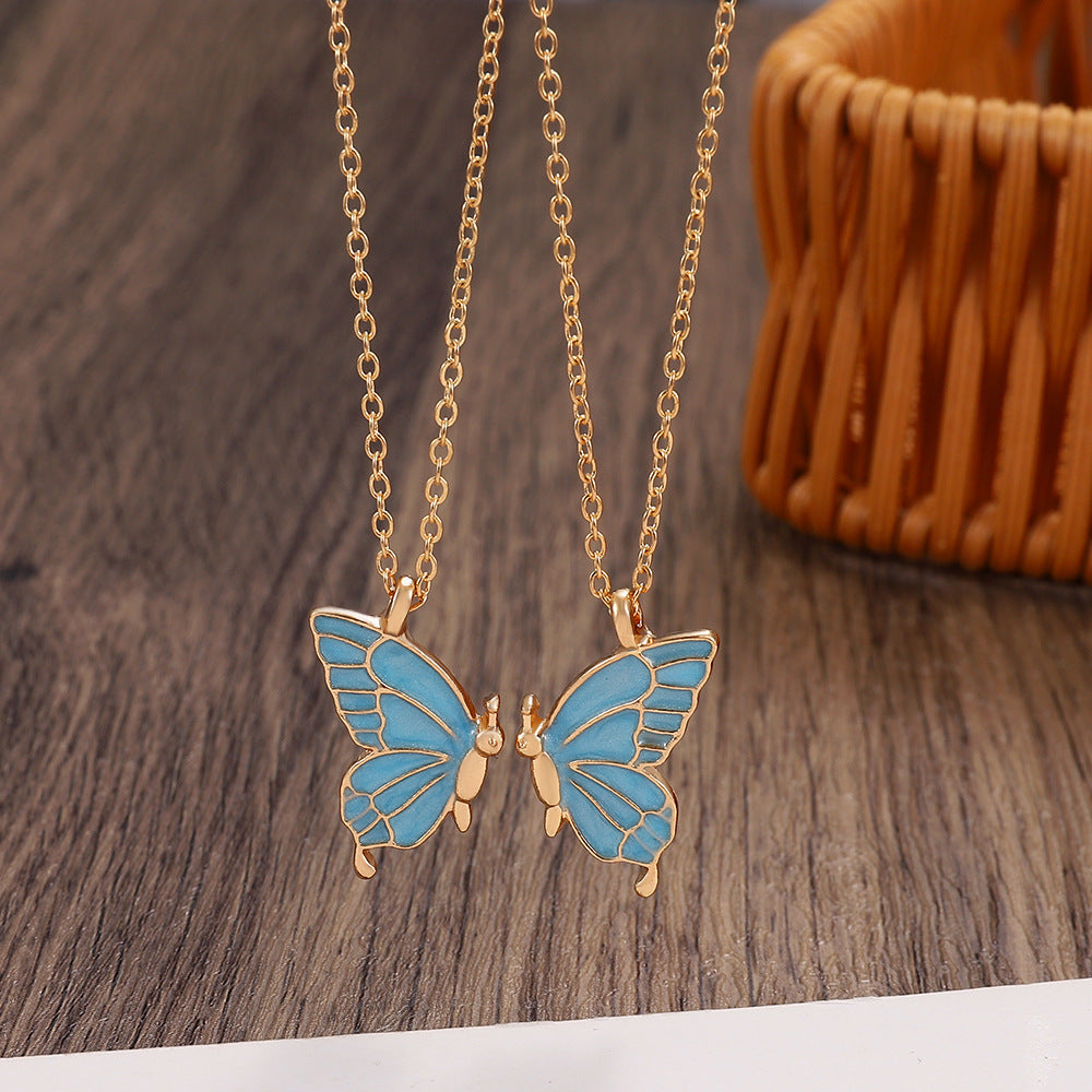 2pcs Oil Drip Butterfly Necklace Ins Creative Clavicle Chain Pendant Necklace For Women Valentine's Day Birthday Gift