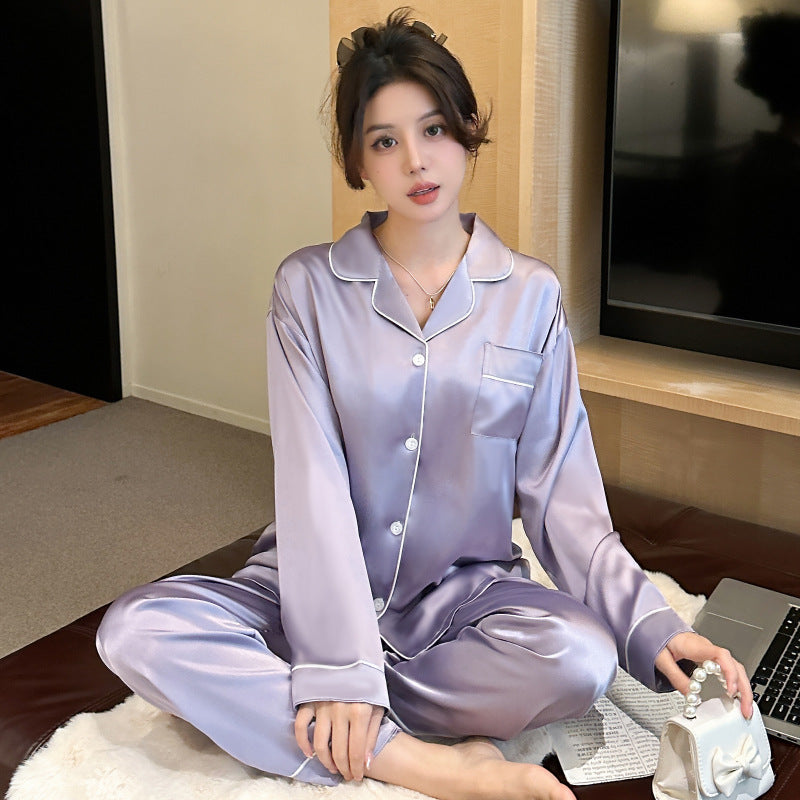 Elegant Slimming Ice Silk Draping Women's Pajamas Long-sleeved Trousers Can Be Worn Outside Casual Two-piece Suit