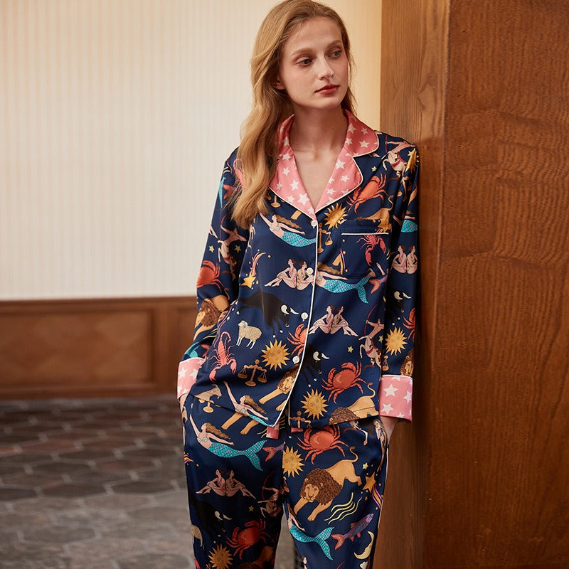 Blue Constellation Simulated Silk Pajamas for Women Spring and Autumn Long Sleeves and Trousers Cool Ice and Snow Silk