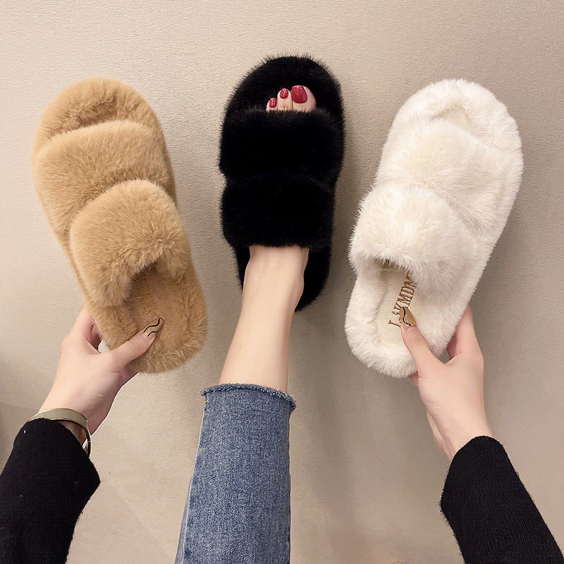 Slippers Winter Plush Cross Belt Drag Cotton Indoor Warmth Plus Plush Women’s Slippers