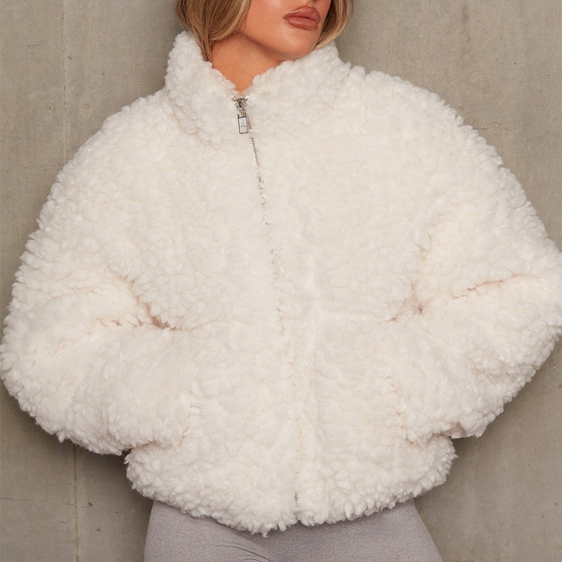 Fall Winter Fluffy Fleece Coats and Jackets Plus Size Zipper Cardigan Long Sleeve Overcoats Warm Jackets Lambswool