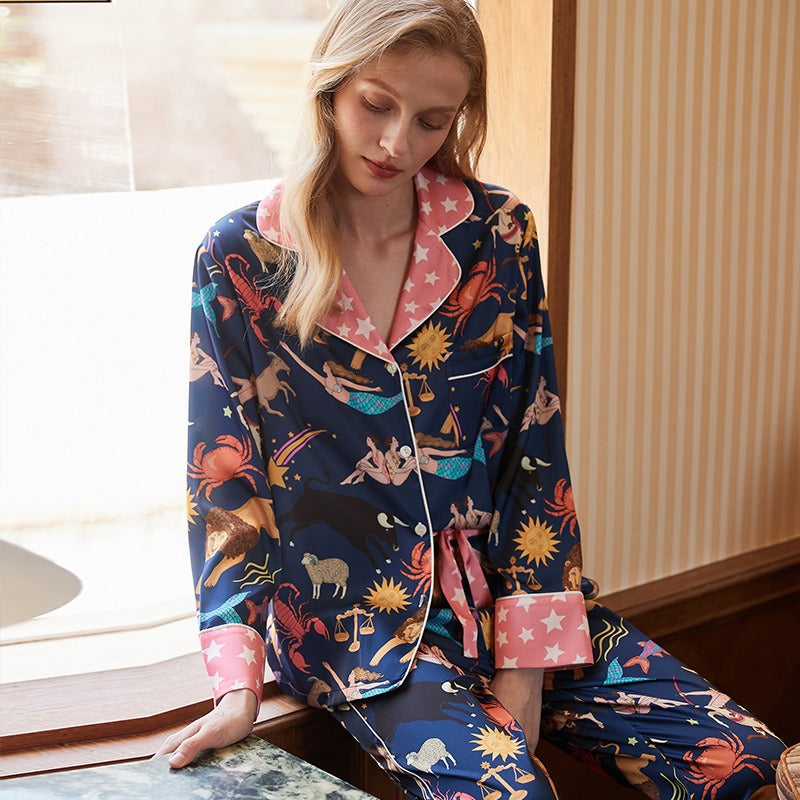 Blue Constellation Simulated Silk Pajamas for Women Spring and Autumn Long Sleeves and Trousers Cool Ice and Snow Silk