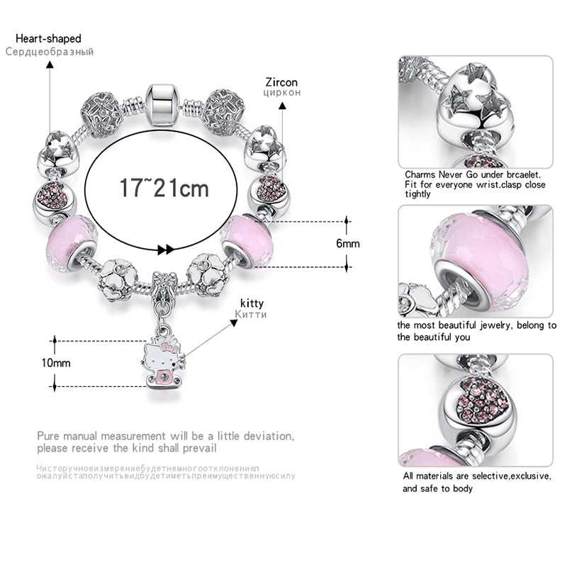 925 Silver Kitty Cat Charm Bracelet Fit Original Bracelet Bangle Murano Glass Beads Bracelet for Women Girls Kids DIY Jewelry