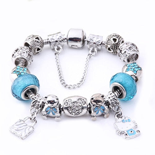 925 Silver Kitty Cat Charm Bracelet Fit Original Bracelet Bangle Murano Glass Beads Bracelet for Women Girls Kids DIY Jewelry