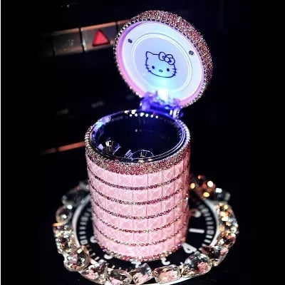 Portable Car ashtray with Light Hello Kitty KT Accessories for Girls Led Car Ash Tray Ashtray Storage Cup Holder Crystal Diamond