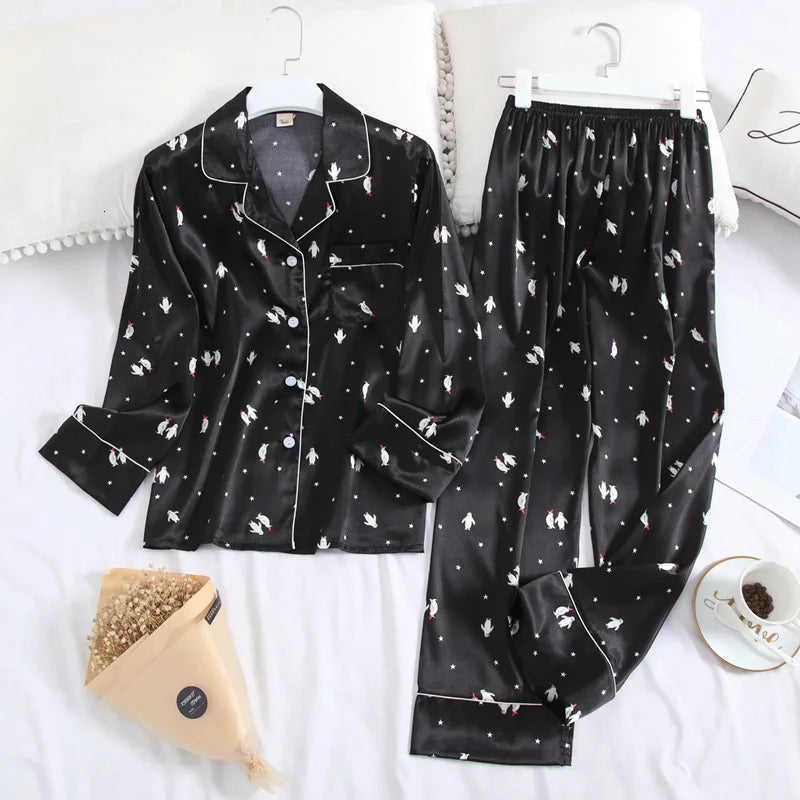 Lisacmvpnel Long Sleeve Pajamas Autumn Ice Silk Long Sleeve Trousers Suit Printing Fashion Pyjamas Set