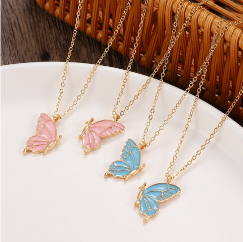 2pcs Oil Drip Butterfly Necklace Ins Creative Clavicle Chain Pendant Necklace For Women Valentine's Day Birthday Gift