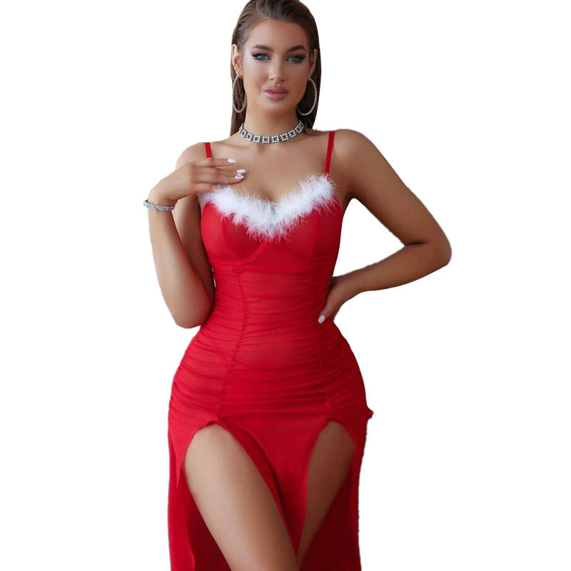 Christmas Atmosphere Ruffled Stitching Ruffle Sling Dress